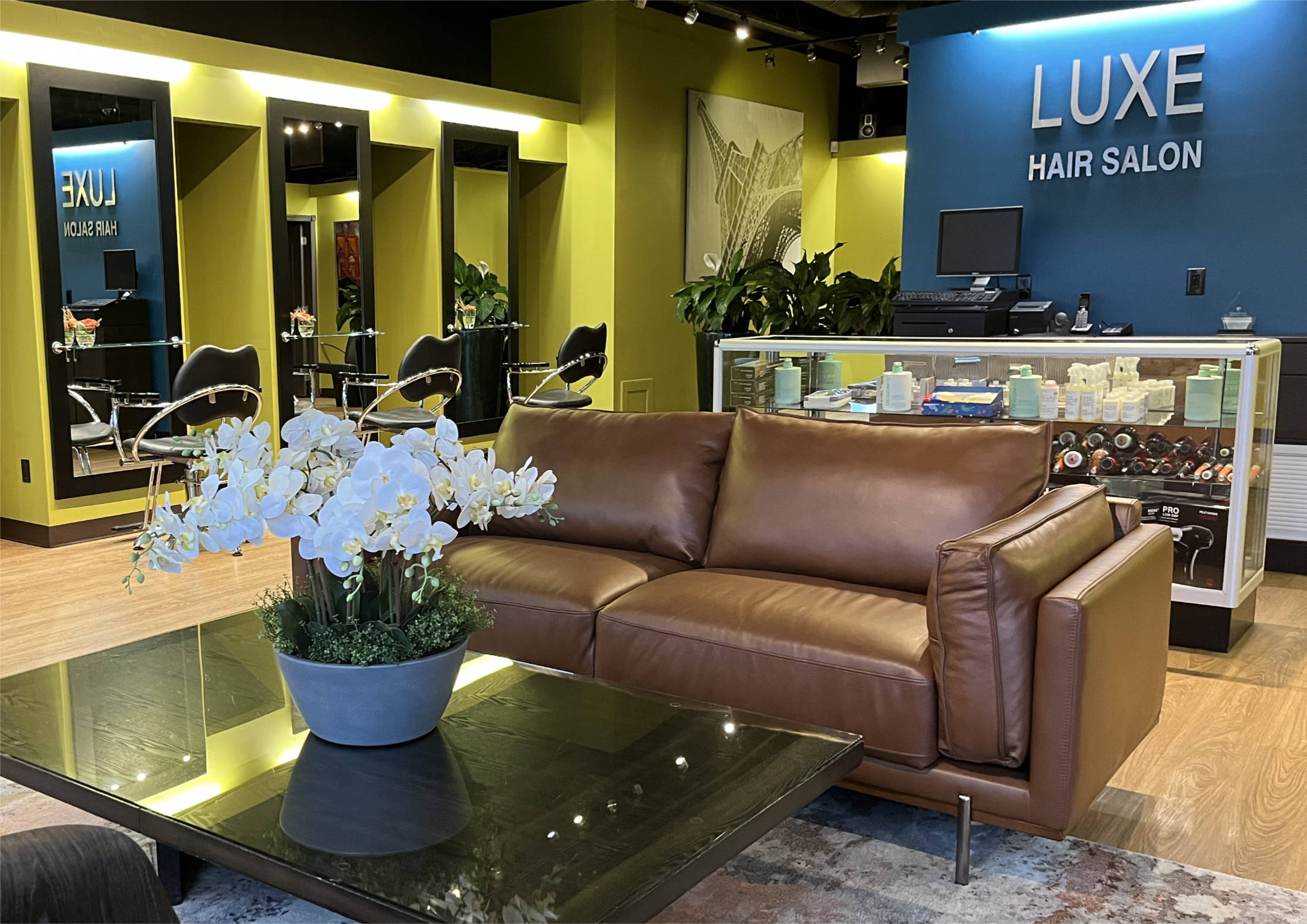 Luxe hair salon interior shot